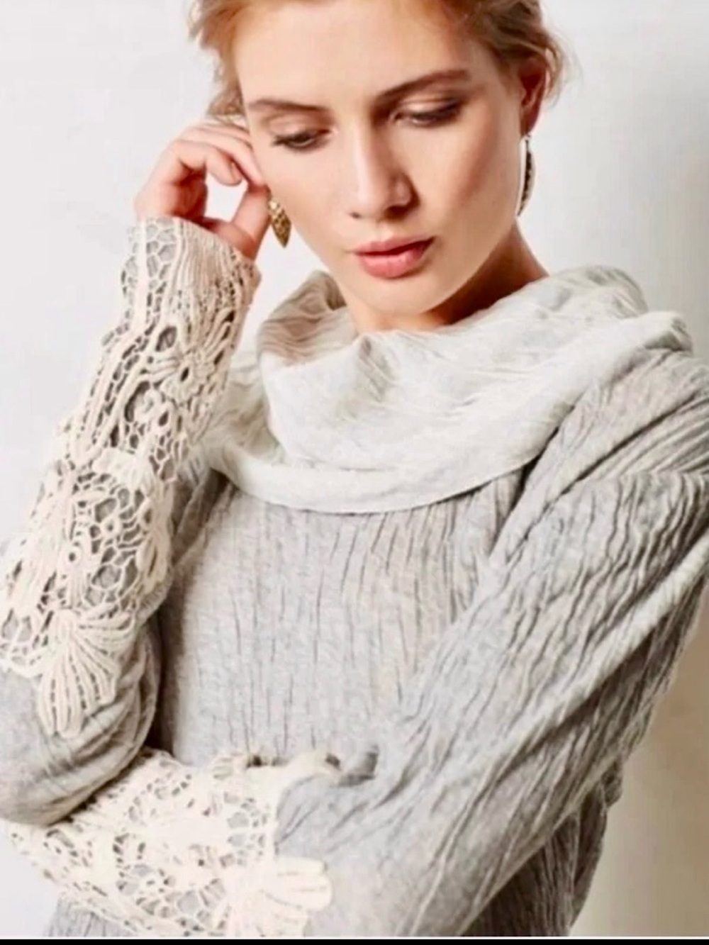 Bordeaux Anthropologie Cowl Neck Lightweight Sweater Crochet Lace Sleeves